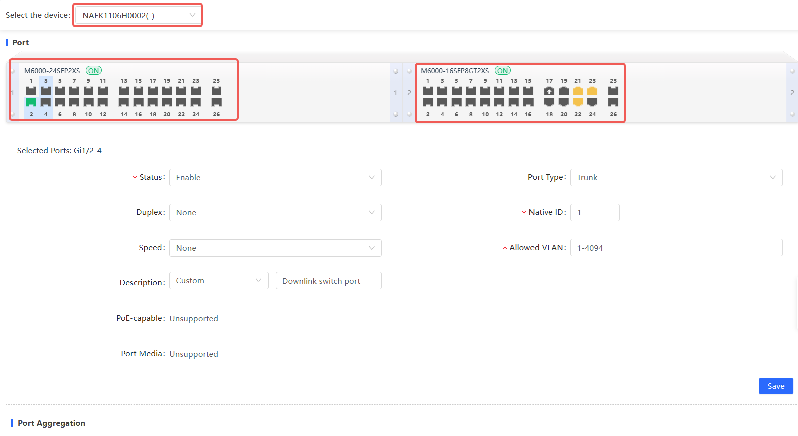 דף תצורת יציאה (Duplex, Speed, Port Type, PoE-capable)