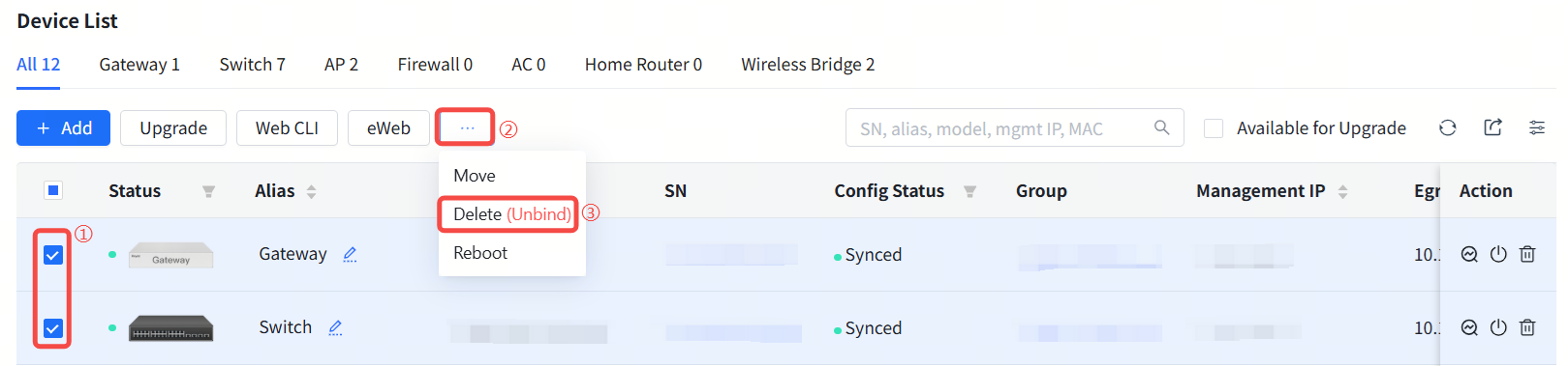 בחירת Delete (Unbind) מהתפריט