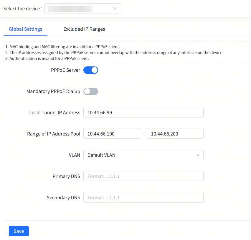 טופס הגדרות גלובליות של שרת PPPoE