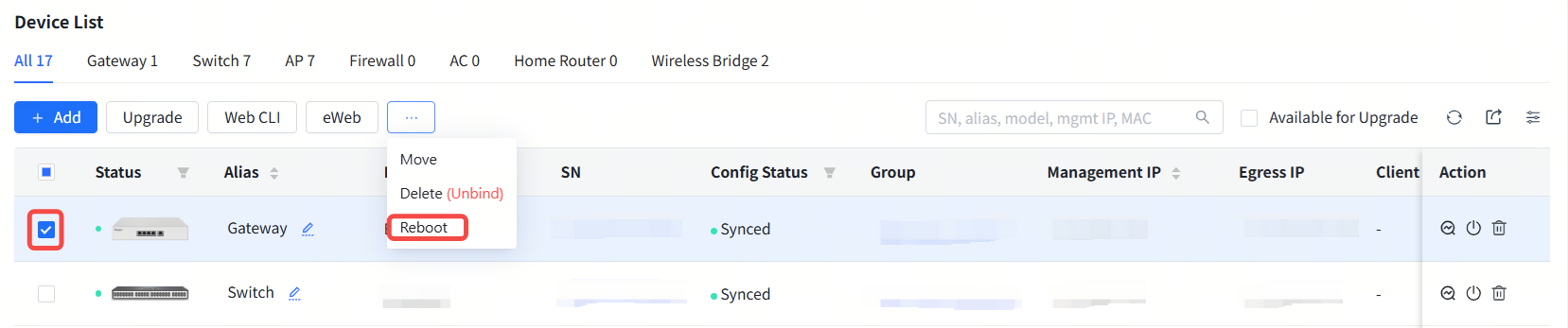 בחירת התקנים ולחיצה על Reboot