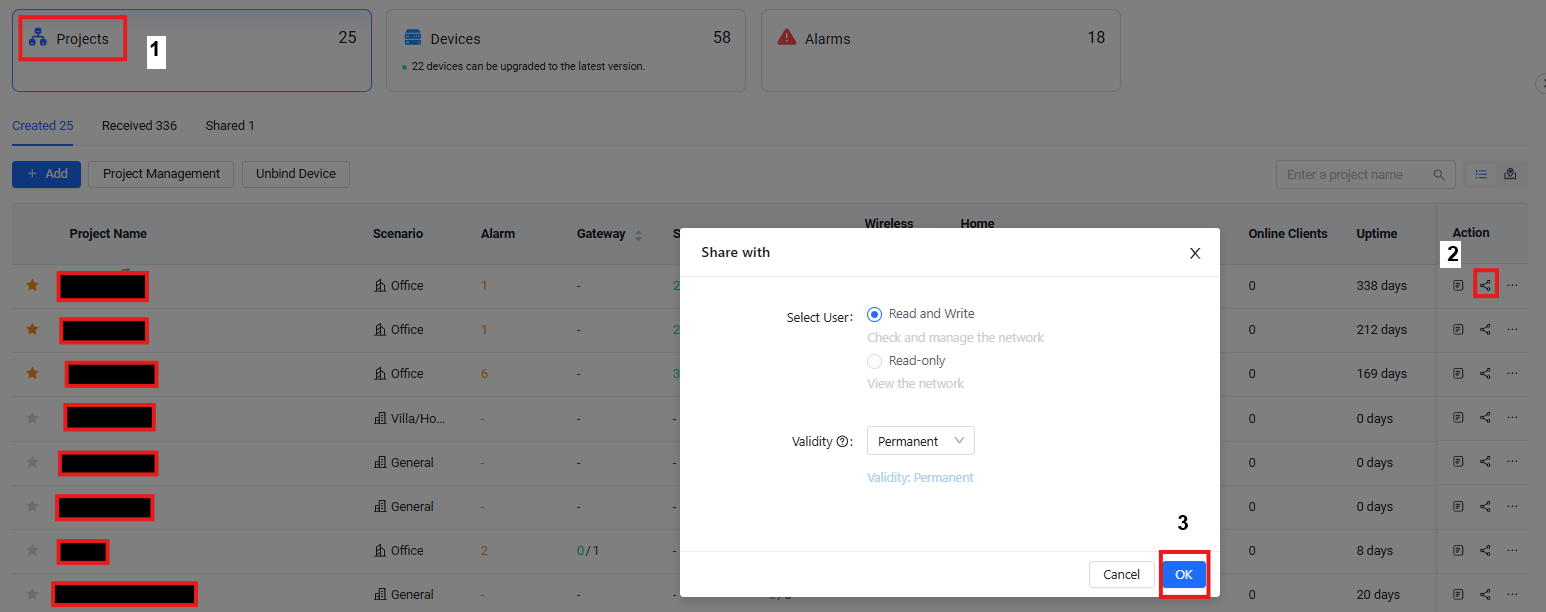 Main dashboard with 'Projects' tab highlighted (1)