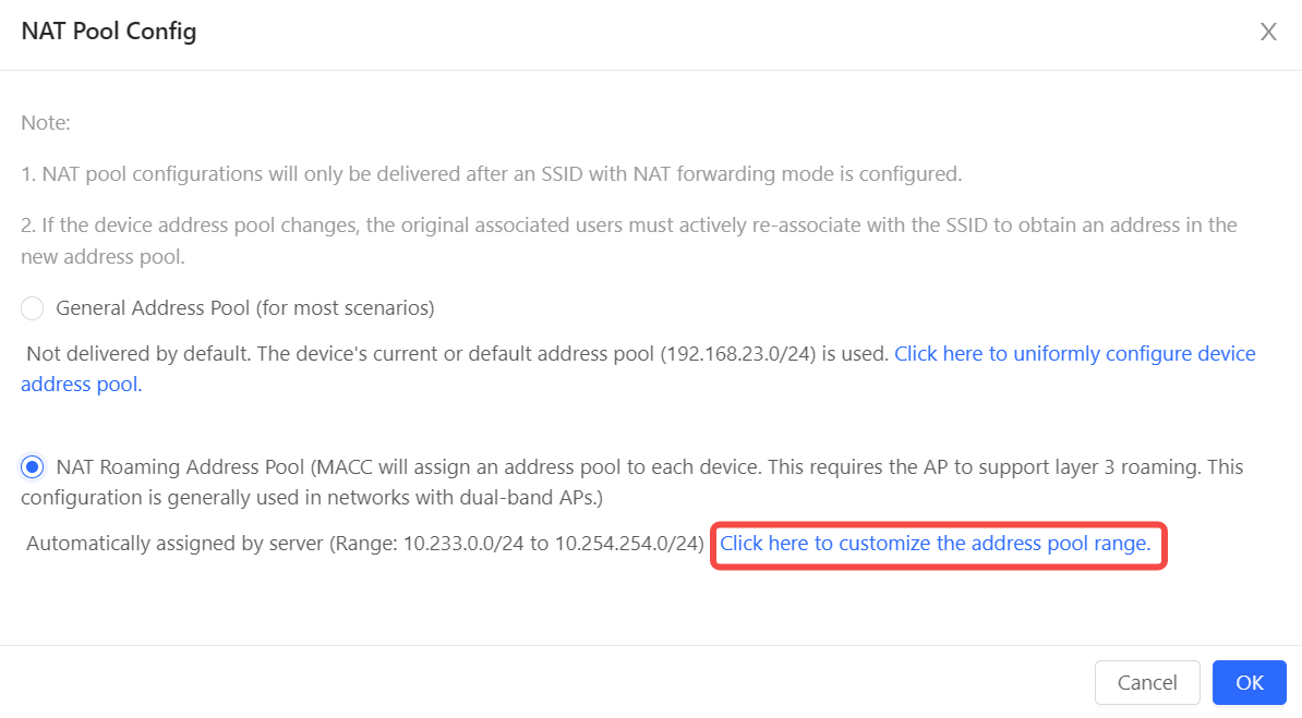 אפשרות NAT Roaming Address Pool נבחרה