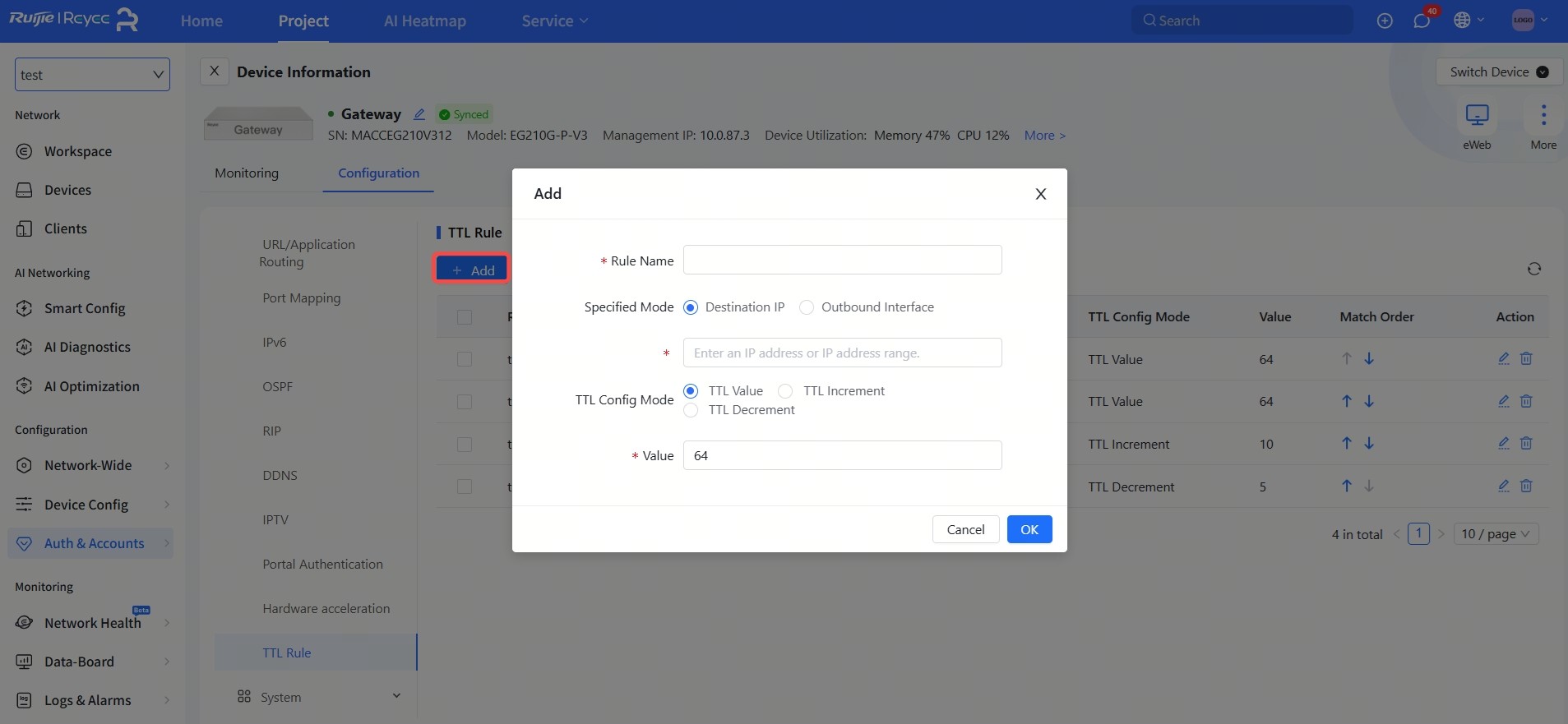 הוספת כלל TTL