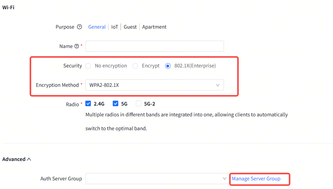אבטחה 802.1X(Enterprise) נבחרה עם שיטת הצפנה WPA2-802.1X ולחצן &#39;ניהול קבוצת שרתים&#39;