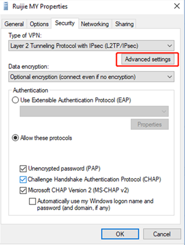מאפייני חיבור VPN - כרטיסיית General