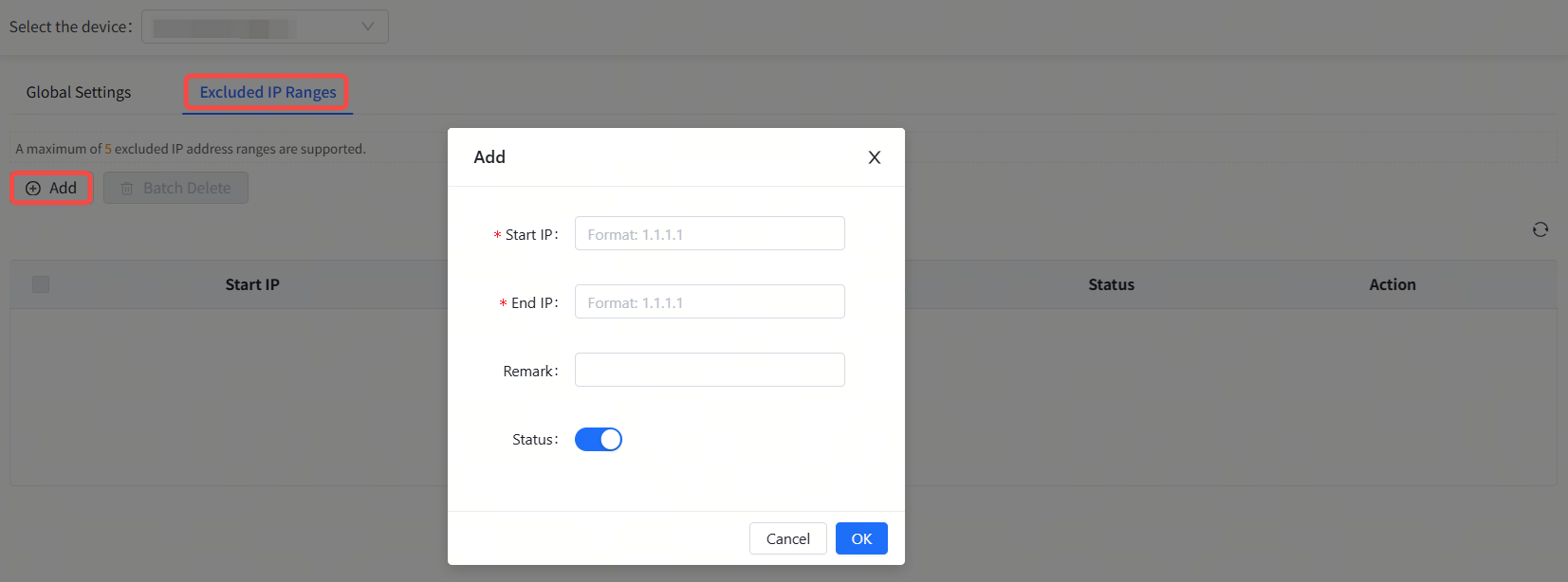 טופס הגדרת טווחי IP מוחרגים