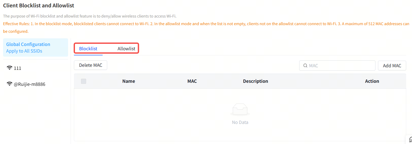בחירת מצב רשימת החסימה או ההיתר