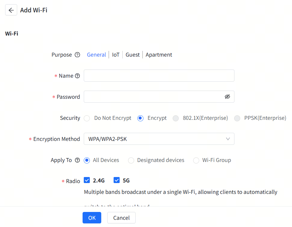 דף הגדרות &#39;הוסף Wi-Fi&#39; עם שדות התצורה