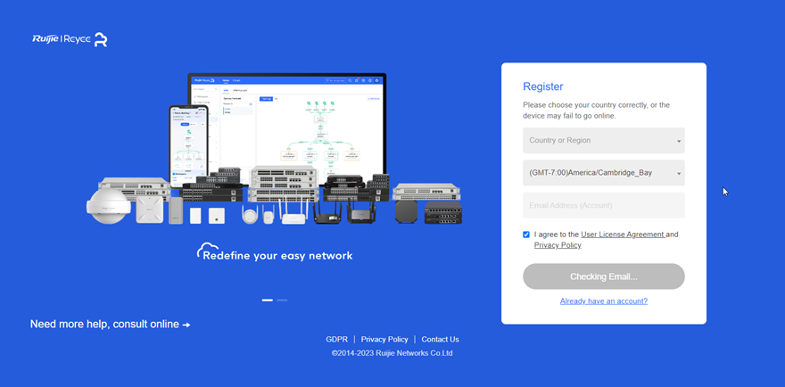 Ruijie Reyee Cloud Register page with Country/Region selection