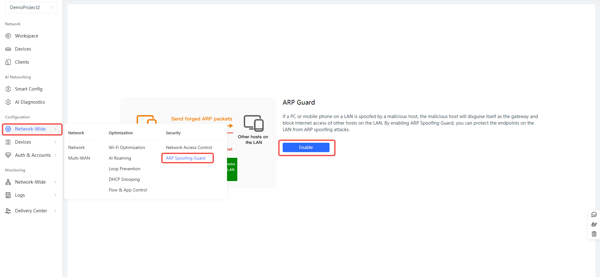 הפעלת ARP Spoofing Guard