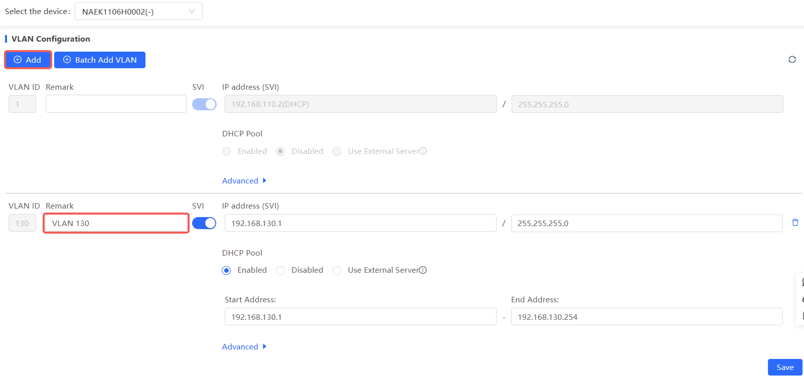 דף הוספת VLAN עם הגדרות SVI ו-DHCP Pool