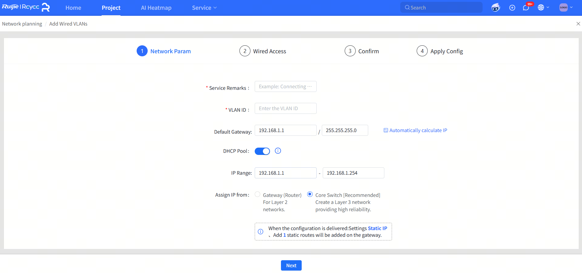 הגדרת פרמטרי שירות ויצירת DHCP Address Pool