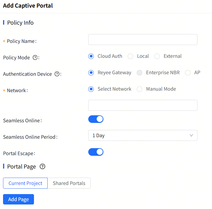 טופס פרטי מדיניות הוספת פורטל כופה