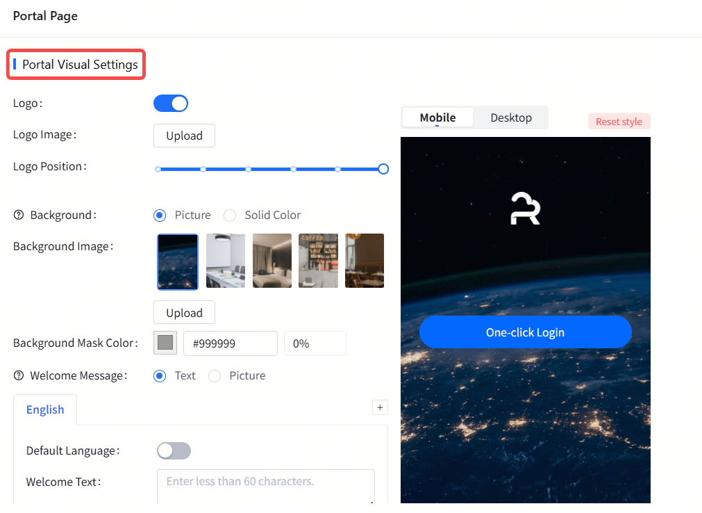 מקטע &#39;הגדרות חזותיות של פורטל&#39; עם תצוגה מקדימה לנייד