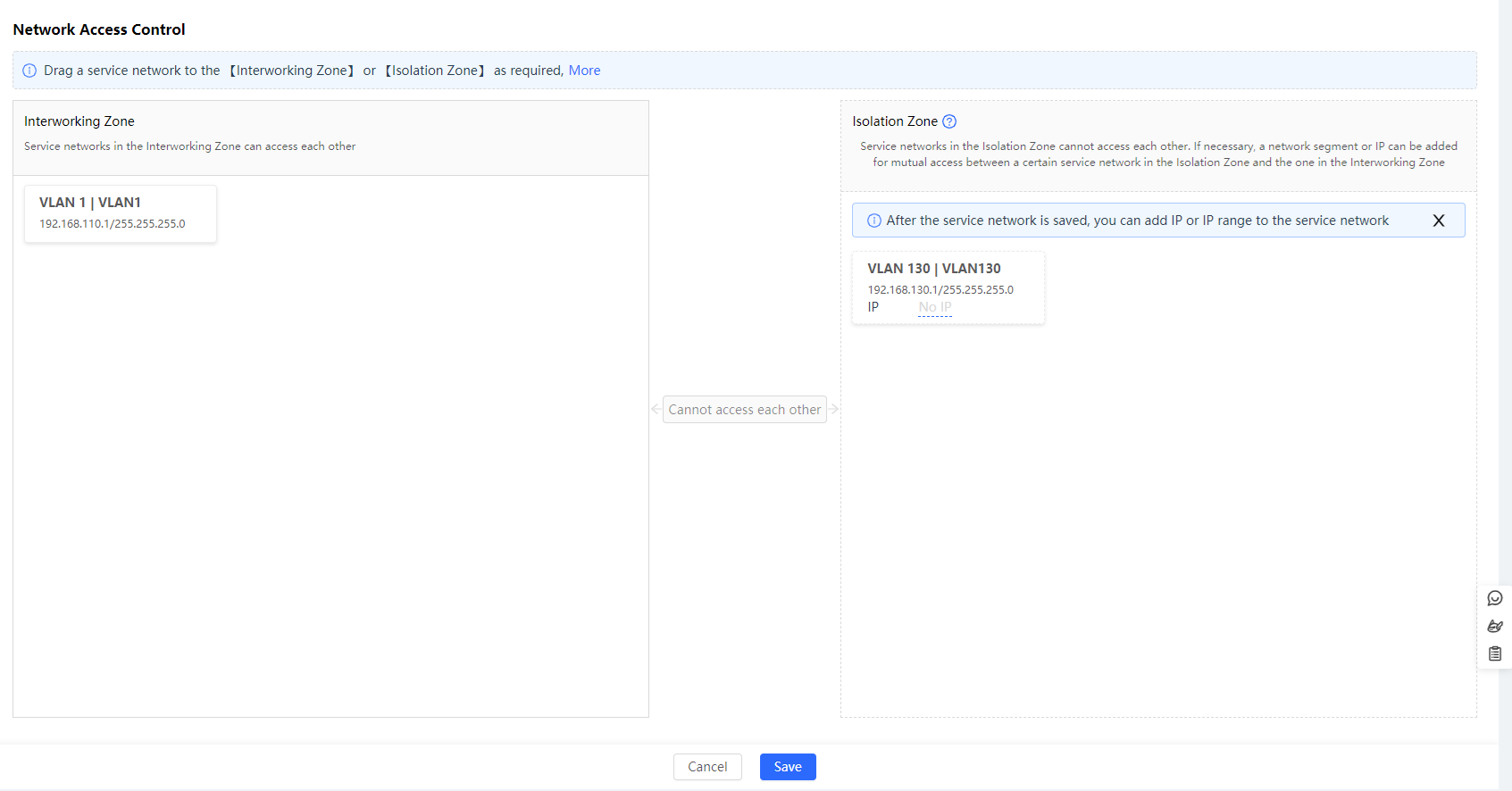 גרירת רשת שירות לאזור הבידוד ולחיצה על שמור