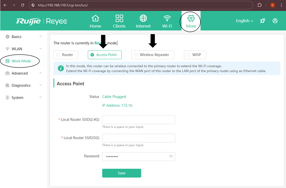 WorkMode ממשק המכשיר