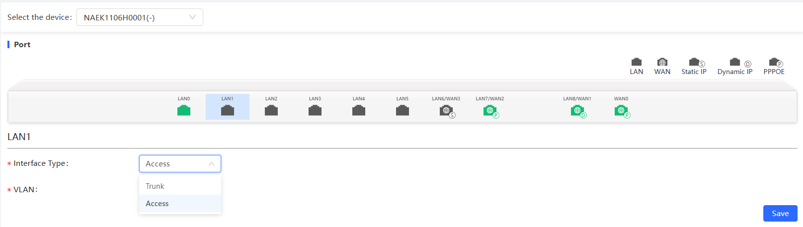 תצורת יציאת LAN (סוג ממשק, Native ID, Allowed VLAN)