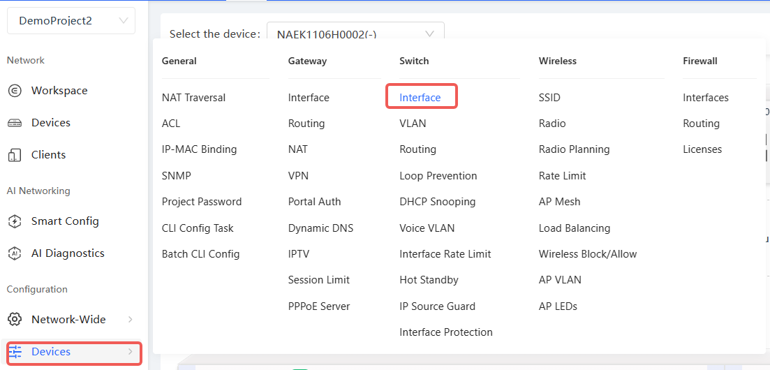 ניווט לדף ממשקי הרשת של המכשיר