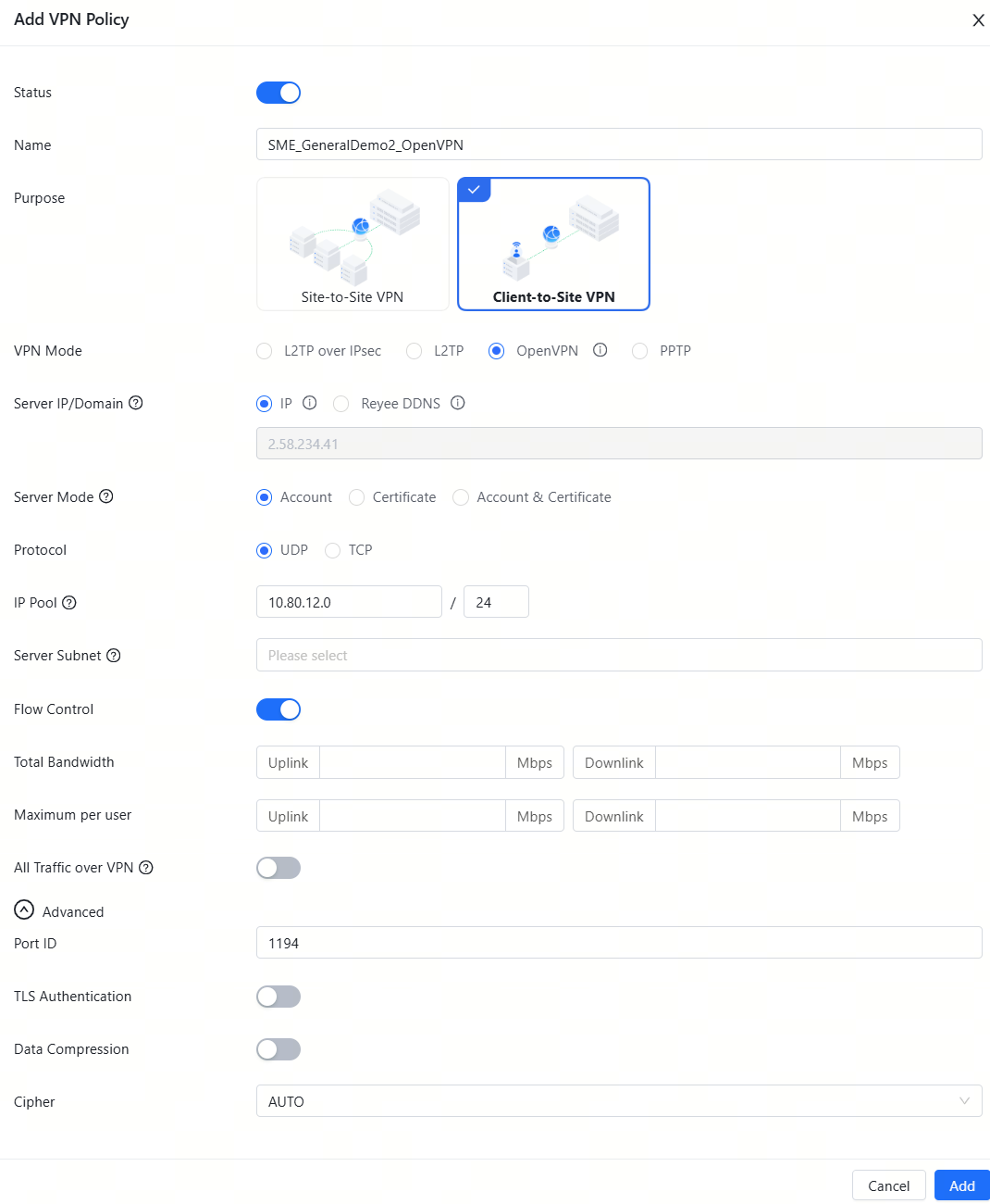 טופס הגדרת מדיניות VPN עבור OpenVPN