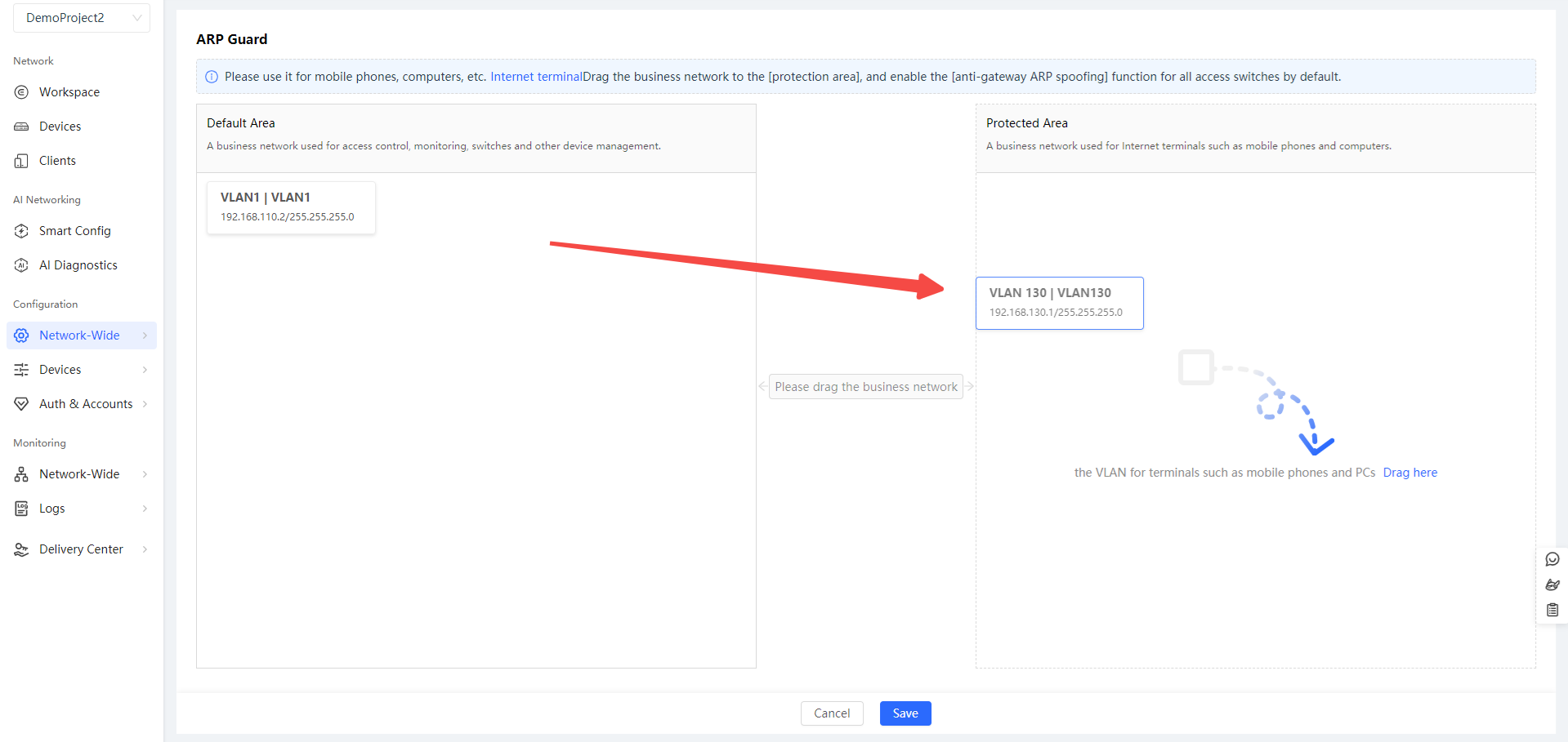 בחירת VLAN להגנה ולחיצה על שמור