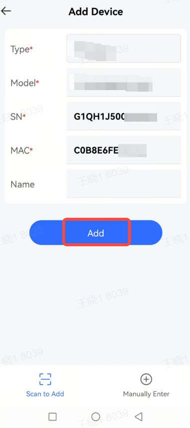 מסך הוספת מכשיר עם כפתור Add