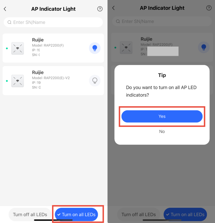 הודעת אישור הפעלת כל נוריות ה-LED