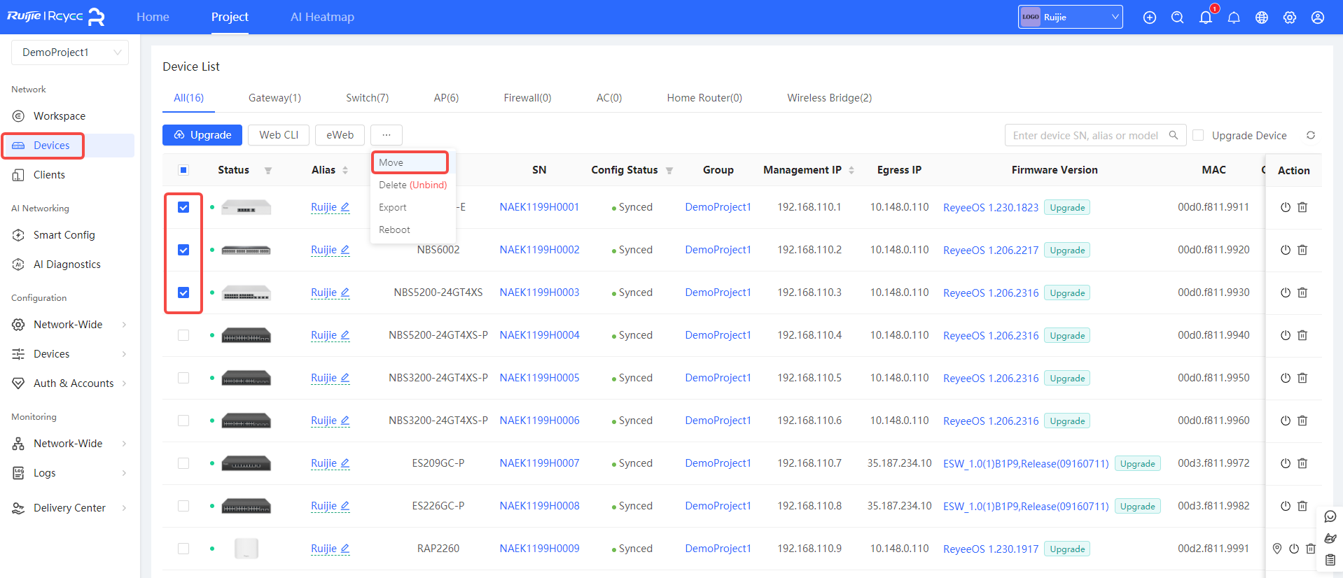 בחירת מכשירים ולחיצה על תפריט שלוש הנקודות