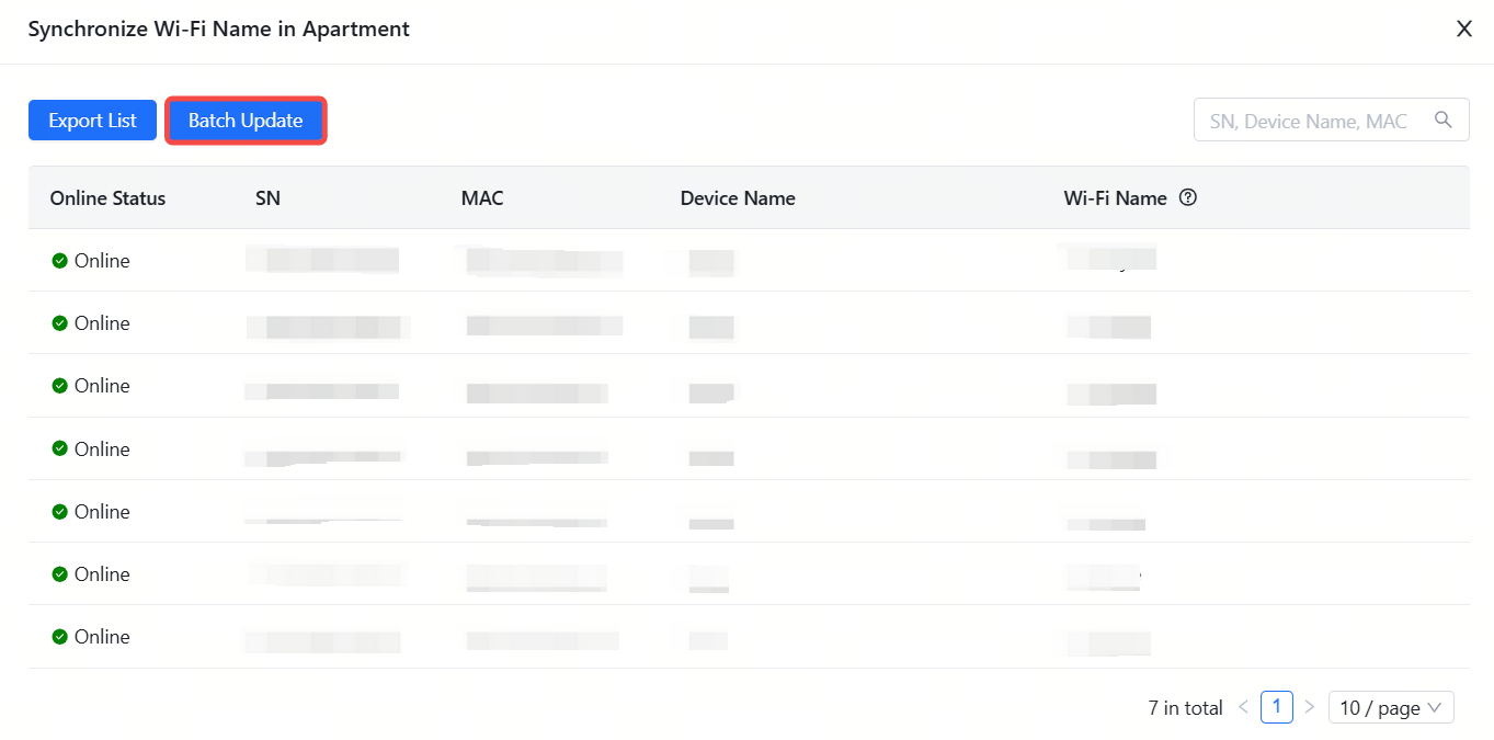 דף &#39;סנכרון שם Wi-Fi בבתי דירות&#39; עם לחצן &#39;עדכון אצווה&#39; מודגש