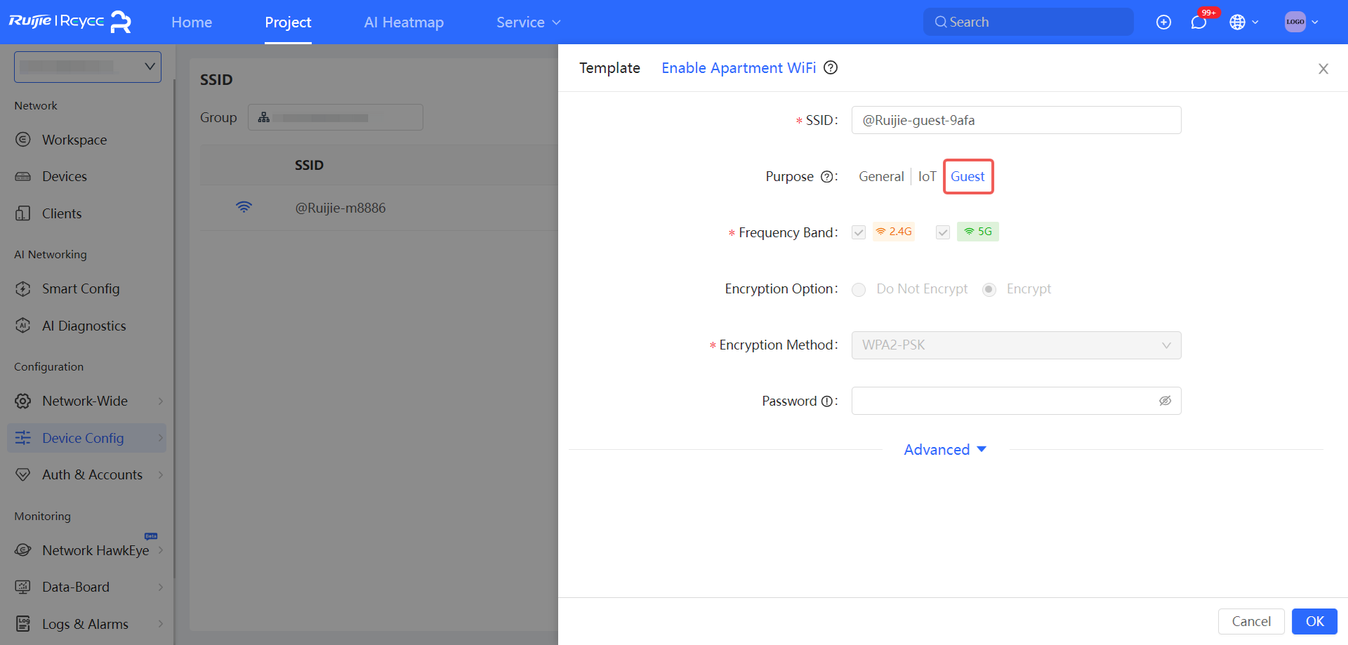 טופס הוספת SSID כאשר Purpose מוגדר ל-Guest