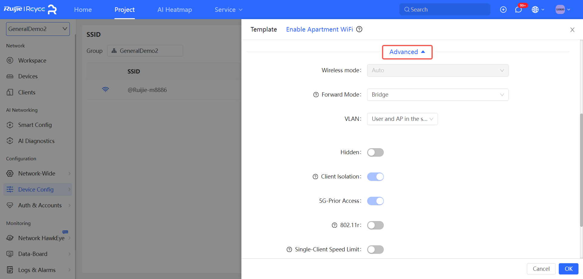 טופס הגדרות מתקדמות עם אפשרויות מתחת ללחצן Advanced
