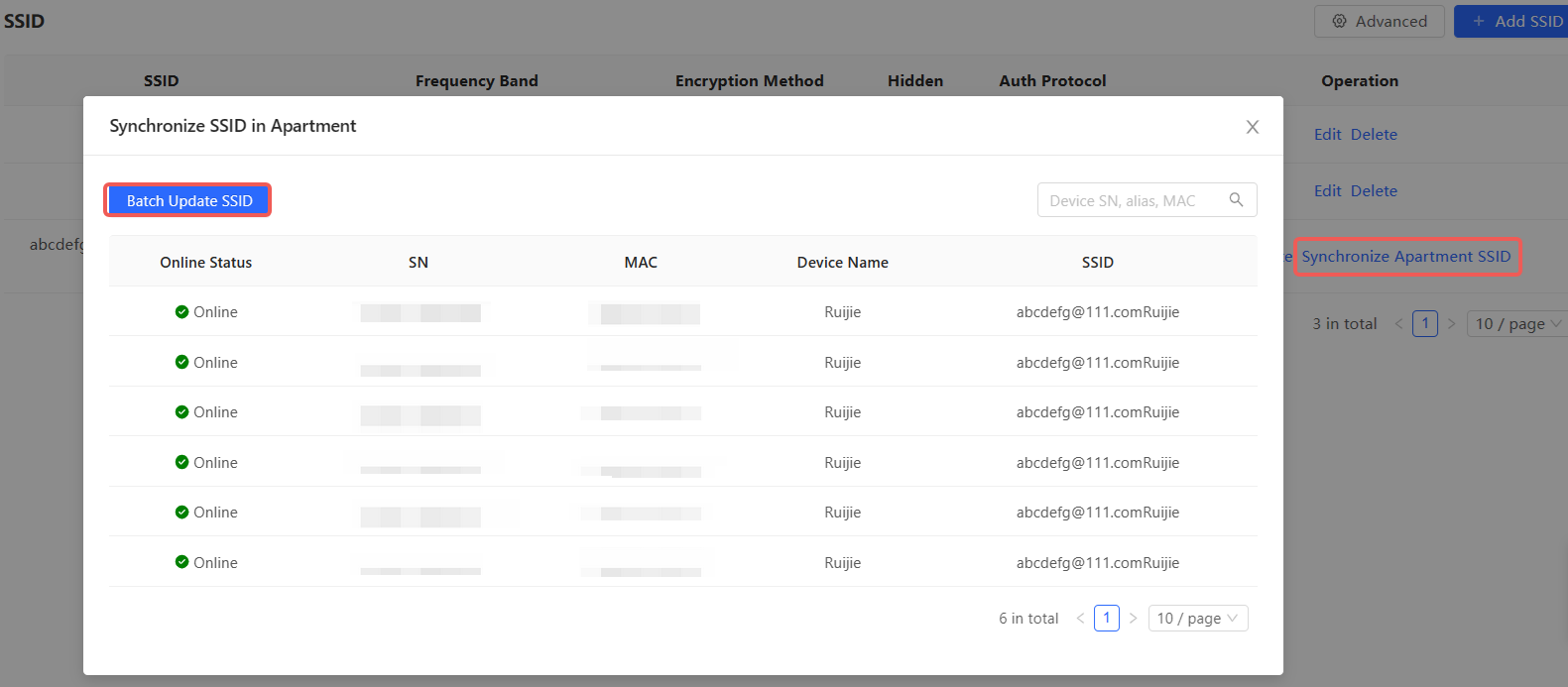 סנכרון SSID של דירה ולחצן &#39;עדכון SSID באצווה&#39;