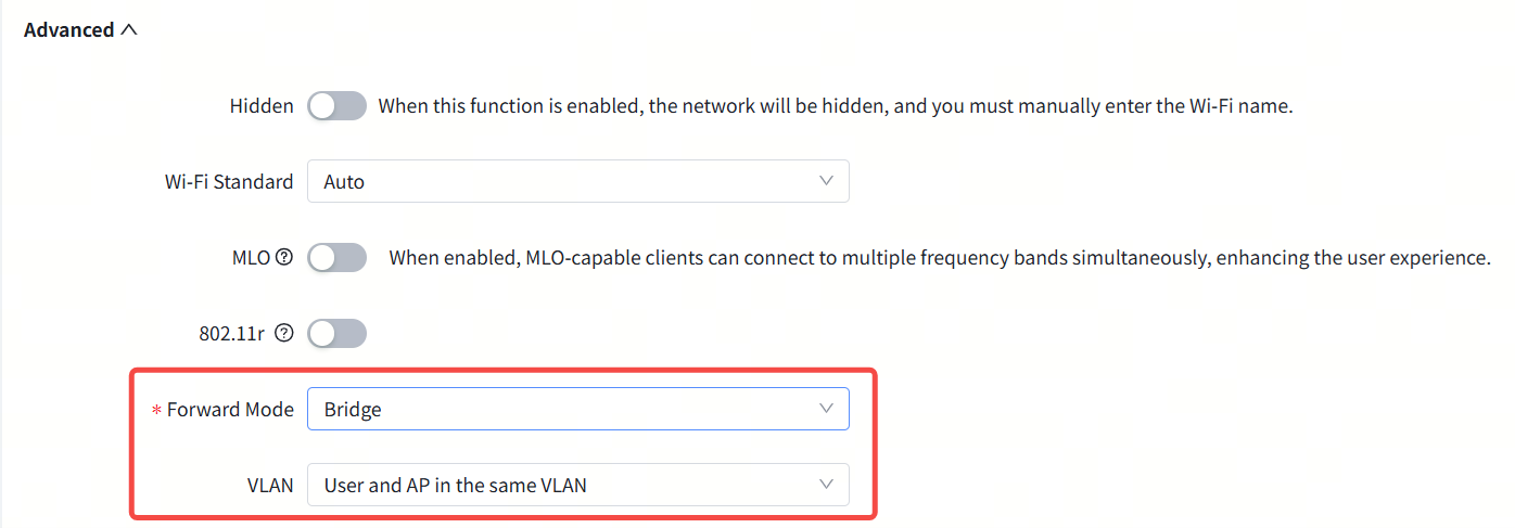 מצב העברה מוגדר כ-Bridge ו-VLAN מוגדר כ-User and AP in the same VLAN