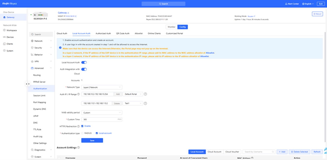 קונפיגורציית אימות חשבון מקומי