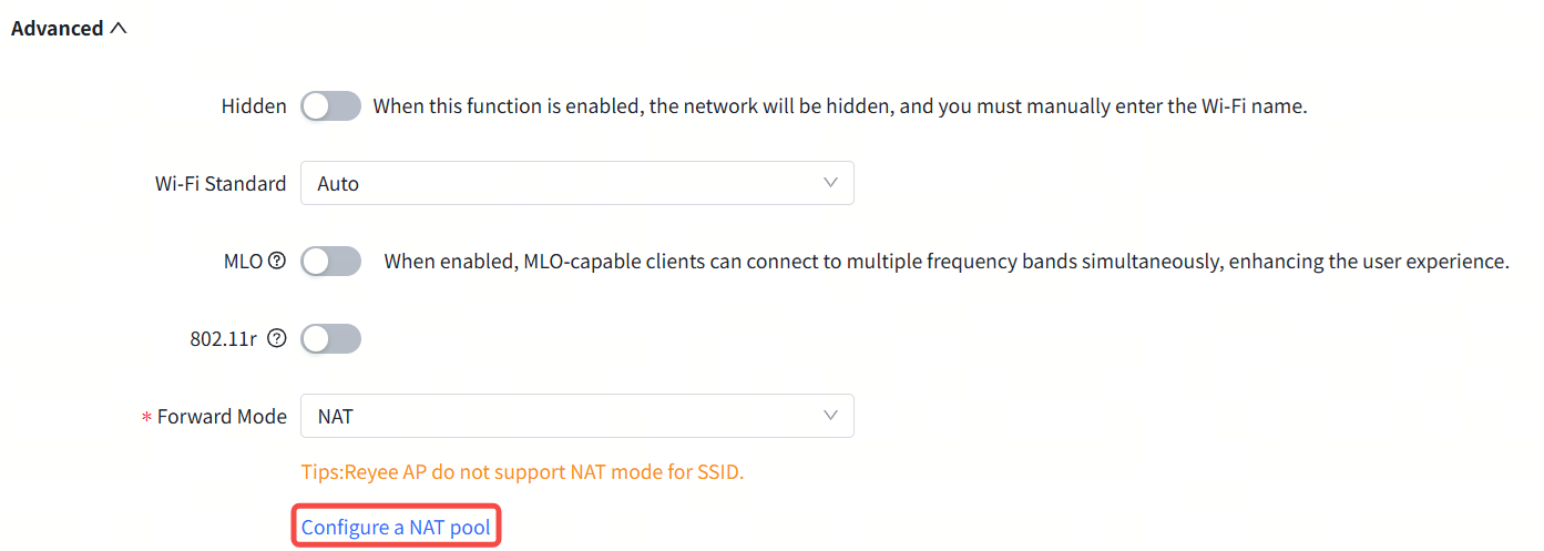 מצב העברה מוגדר כ-NAT עם לחצן &#39;הגדר מאגר NAT&#39;