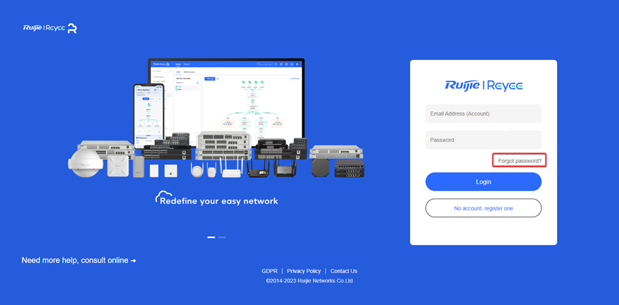 Ruijie Reyee Cloud Login page with Forgot password? button highlighted