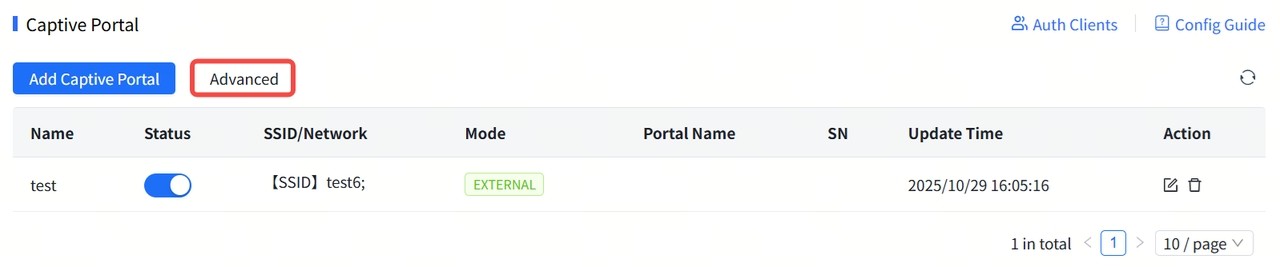 לחיצה על Advanced בדף Captive Portal