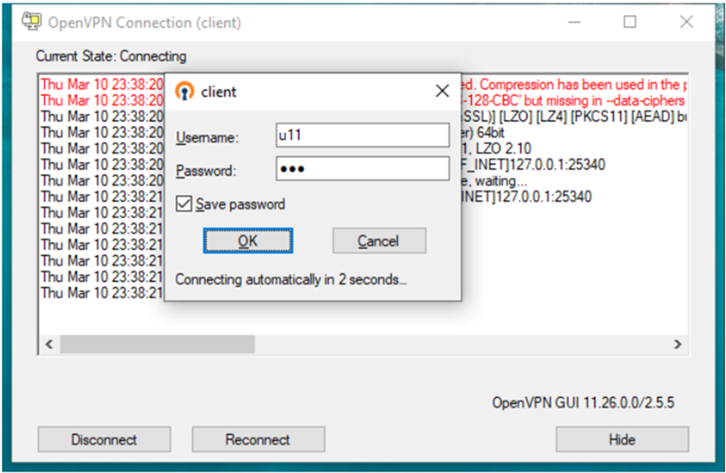 הזנת שם משתמש וסיסמה להתחברות OpenVPN