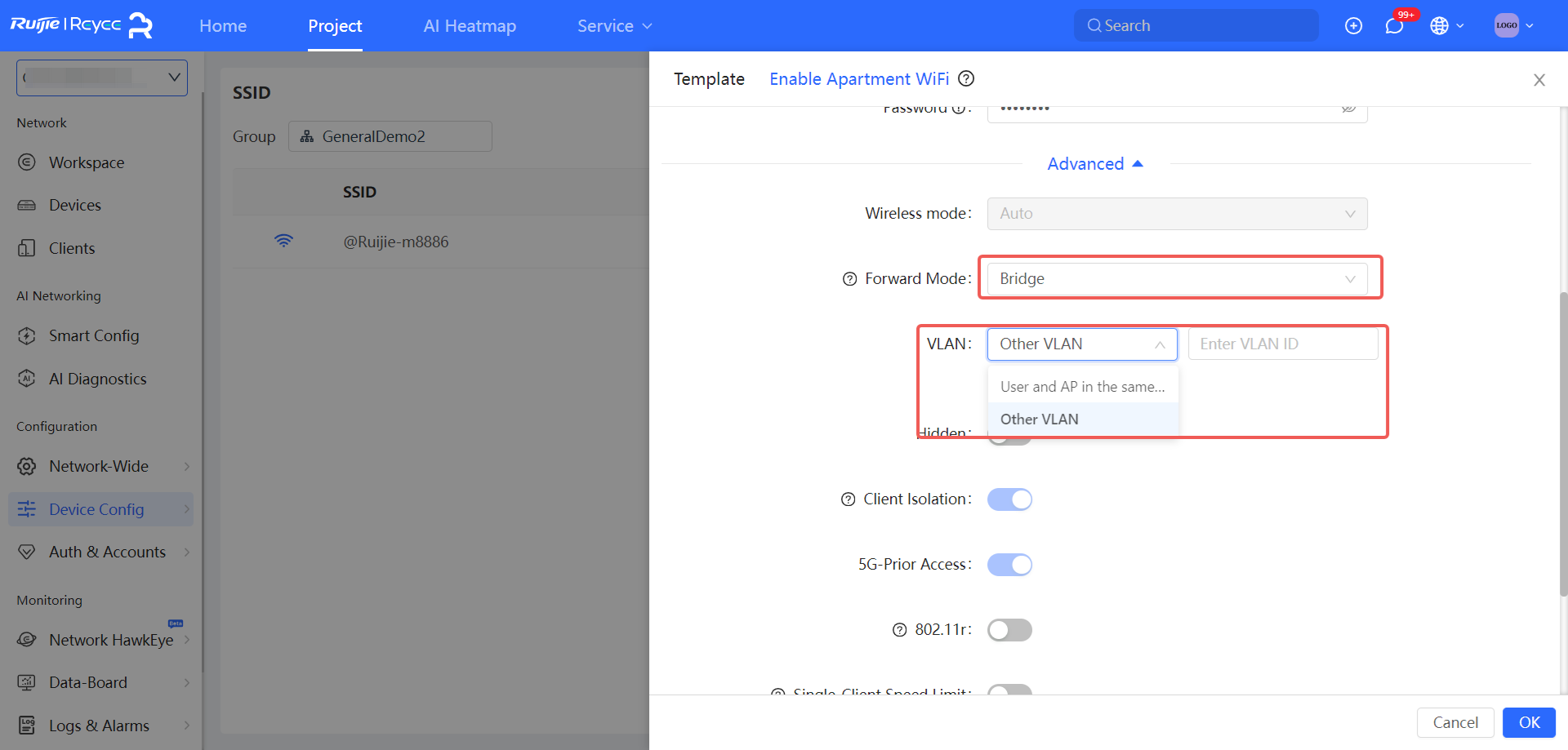 הגדרת Forward Mode ל-Bridge ובחירת VLAN